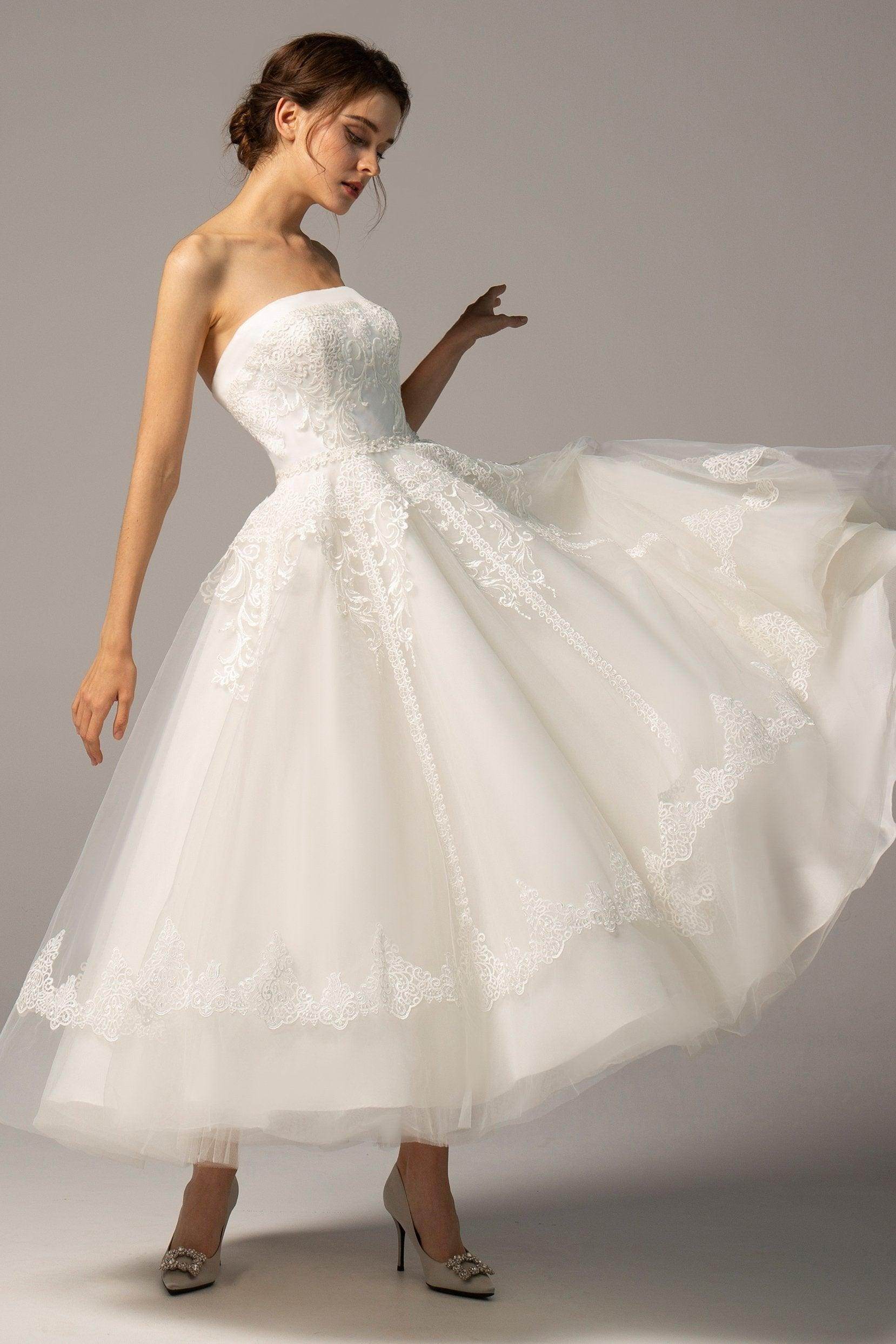 A-Line Ankle Length Tulle Wedding Dress CW2392 - COCOMELODY